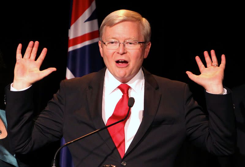 File photo of former Australian PM Kevin Rudd reacting as he speaks at a Labor Party function in Brisbane, Australia