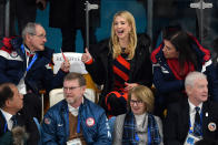 <p>Ivanka Trump (red and black dress) gives a thumbs up gesture as she watches the Men’s Gold Medal Curling match between Sweden and United States of America at Gangneung Curling Centre on February 24, 2018 in Gangneung, South Korea. Ivanka Trump is on a four-day visit to South Korea to attend the closing ceremony of the PyeongChang Winter Olympics. (Photo by Carl Court/Getty Images) </p>