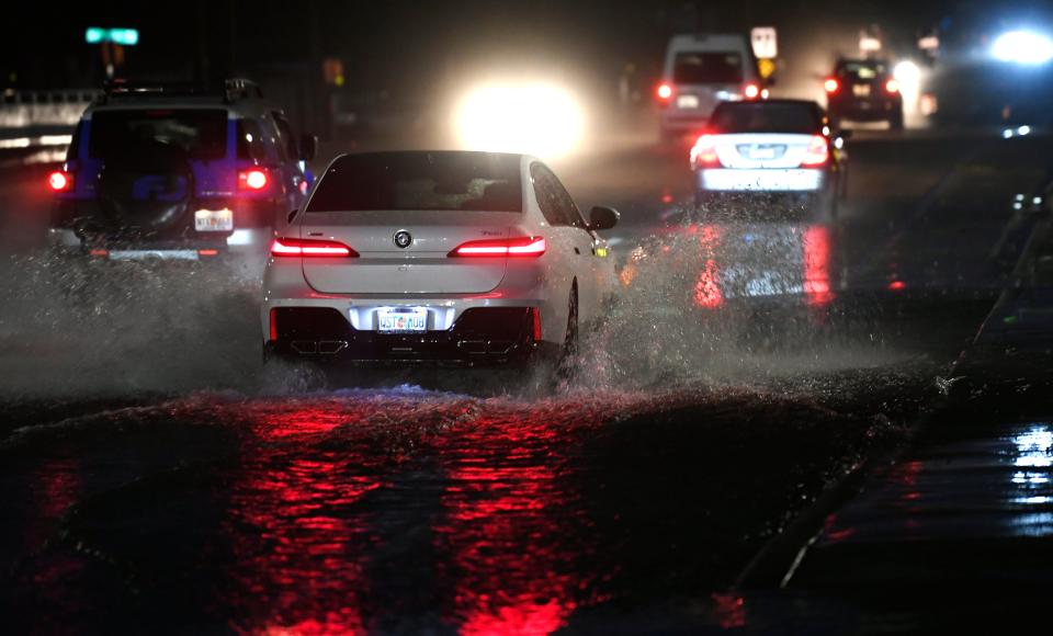 Flash street flooding around Sarasota on Tuesday afternoon, June 11, 2024, and into the evening. Here vehicles encounter street flooding along Bahia Vista St. in Pinecraft.