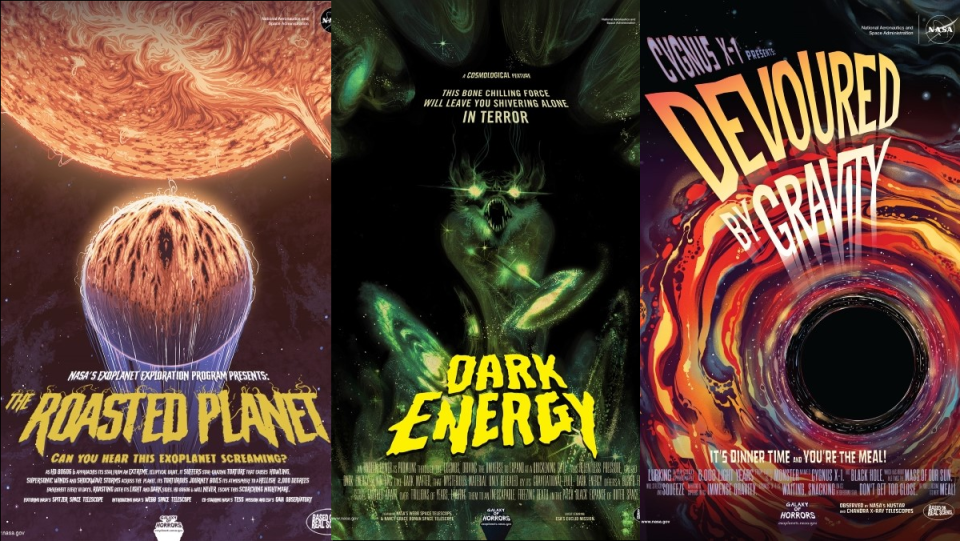 Three horror movie posters from NASA covering real cosmic phenomena