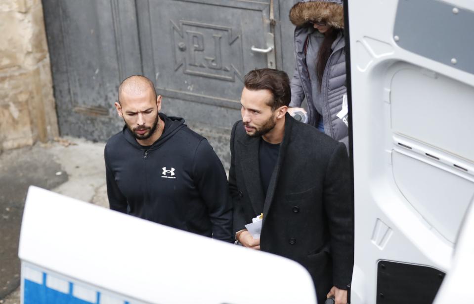 Andrew, left, and Tristan Tate leave Bucharest’s Court of Appeal (EPA)