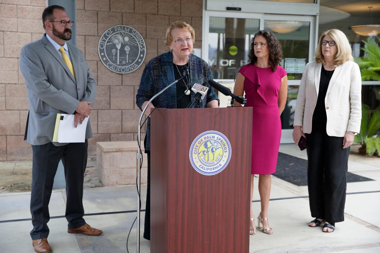 Attorney Andrew Jared, left, Mayor Pro Tem and Councilmember Grace Garner, and Interim City Manager Teresa Gallavan listen as Palm Springs Mayor Lisa Middleton announces that the city is suing College of the Desert in Palm Springs, Calif., on Monday, Sept. 12, 2022.