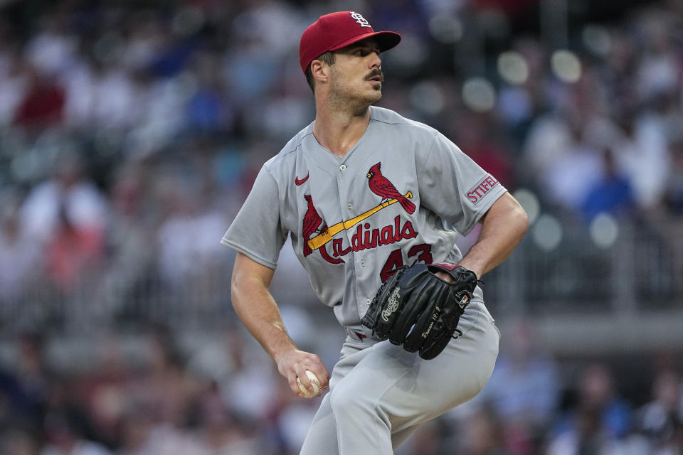 St. Louis Cardinals starting pitcher Dakota Hudson delivers in the first inning of a baseball game against the Atlanta Braves Wednesday, Sept. 6, 2023, in Atlanta. (AP Photo/John Bazemore)
