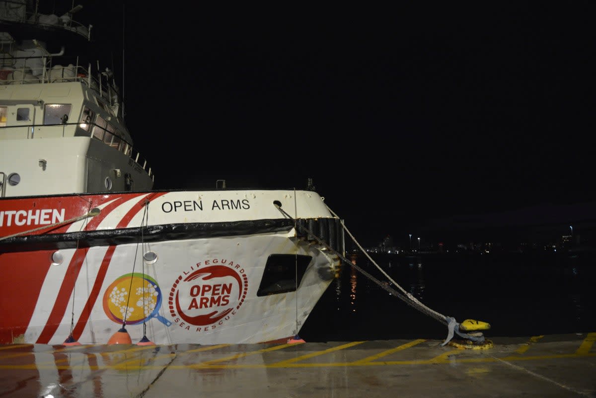 The ship belonging to the Open Arms aid group is seen docked, as it prepares to ferry some 200 tonnes of rice and flour directly to Gaza (AP)