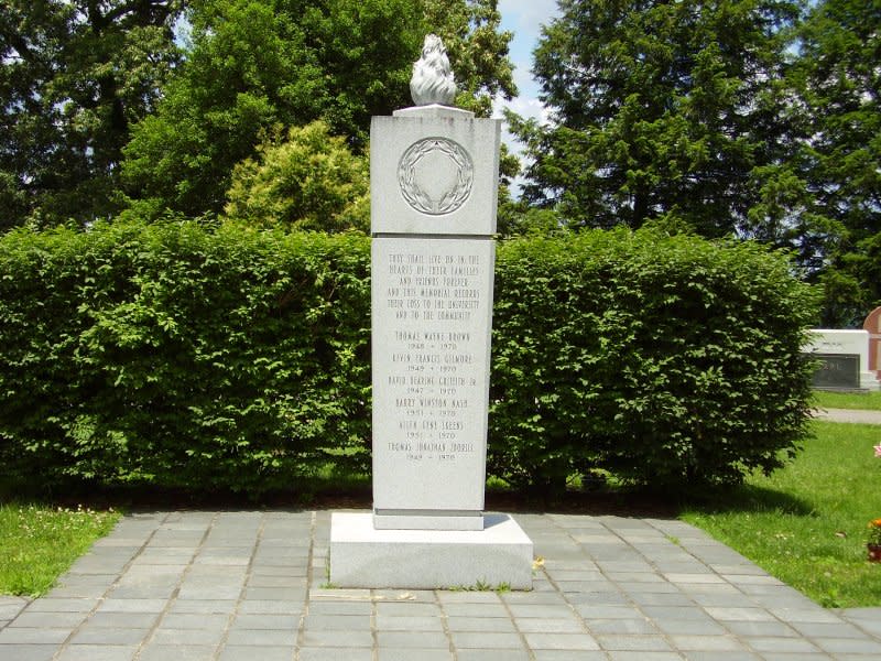 A memorial to the victims of the Marshall University football team plane crash was erected at Spring Hill Cemetery in Huntington, W.Va. On November 14, 1970, members of the Marshall University football team are among 75 casualties when Southern Airways Flight 932 crashed outside of Huntington, W.Va. File Photo courtesy of Wikimedia