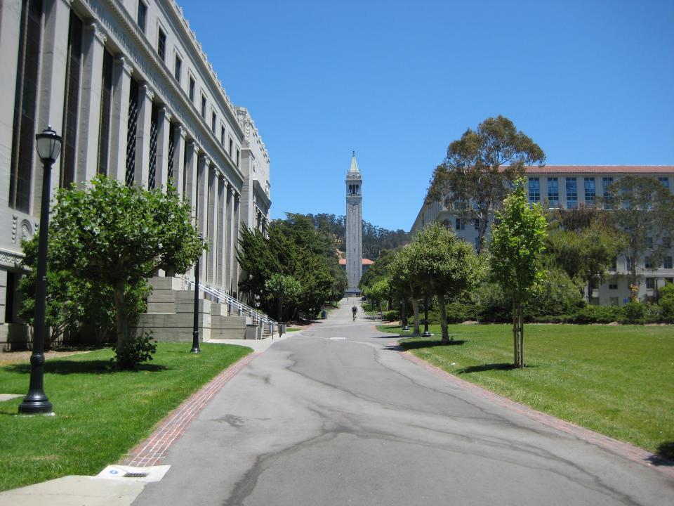 Campanile Way, which is on UC Berkeley's campus, outside Wheeler Hall, and near Sather Tower.