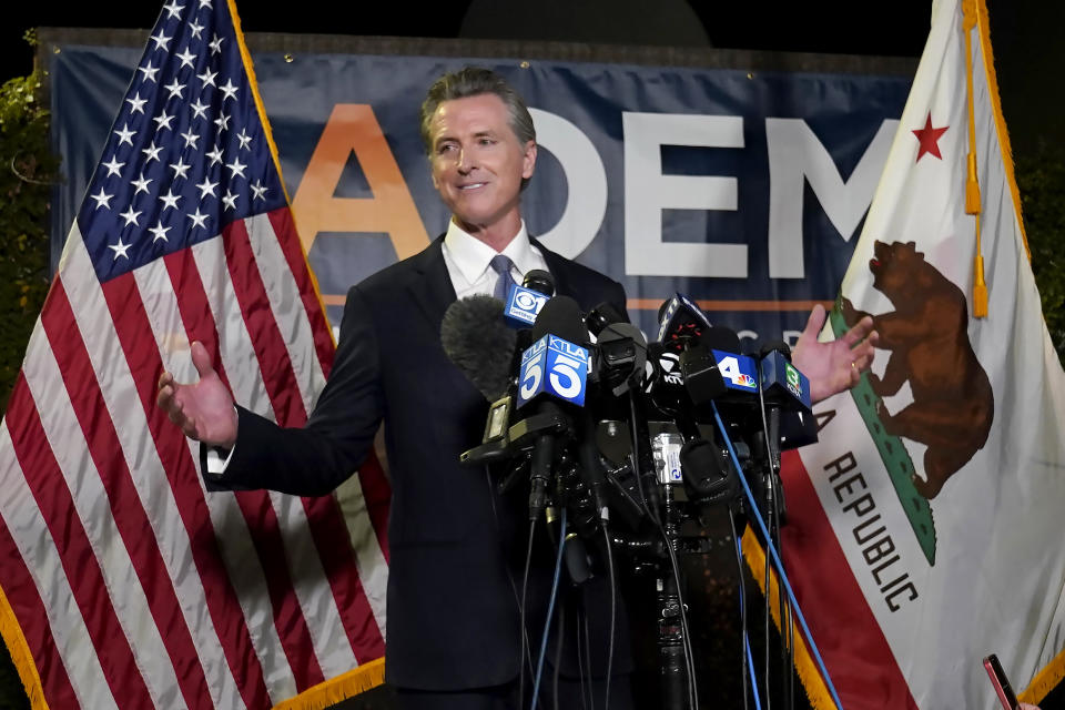 FILE - In this Sept. 14, 2021, file photo, California Gov. Gavin Newsom addresses reporters after beating back the recall attempt that aimed to remove him from office, in Sacramento, Calif. After surviving the attempted recall Newsom signed into law 92% of the bills lawmakers sent him at the end of the years legislative session that ended Sept. 10. (AP Photo/Rich Pedroncelli, File)