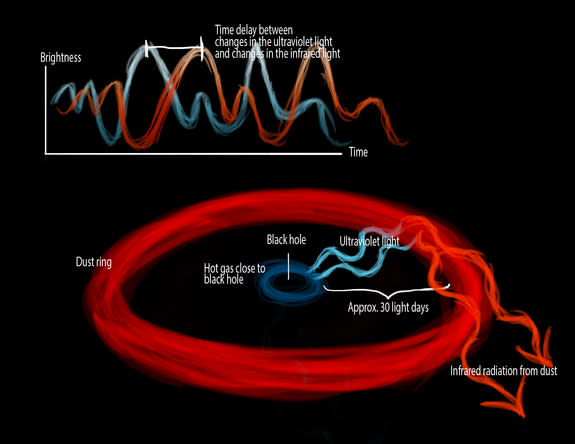 When gas falls toward the black hole at the center of the galaxy NGC 4151, the gas heats up and emits ultraviolet radiation, which in turn heats the ring-shaped dust cloud orbiting the black hole at a distance. This causes the dust to emit infr