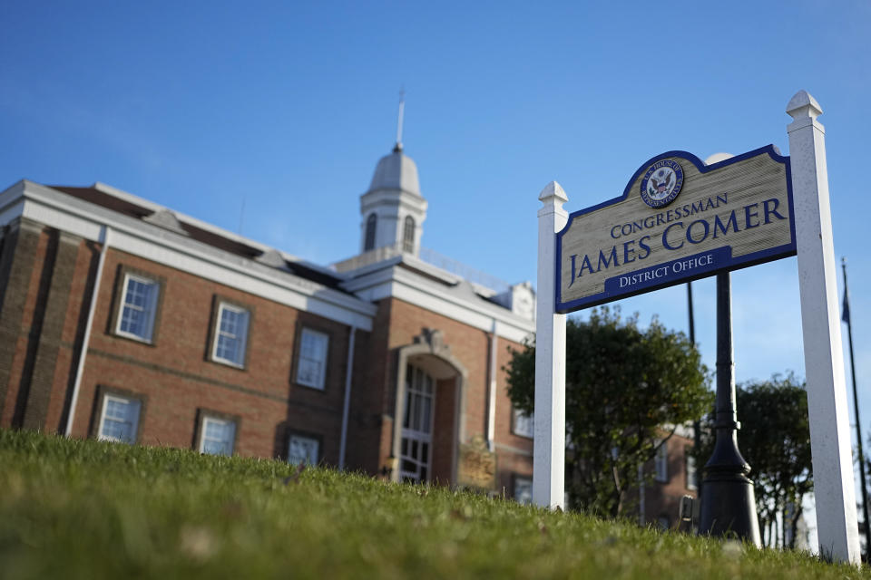 A sign for U.S. Congressman James Comer's, R-Ky., office is seen outside the courthouse Monday, Nov. 13, 2023, in Tompkinsville, Ky. (AP Photo/George Walker IV)