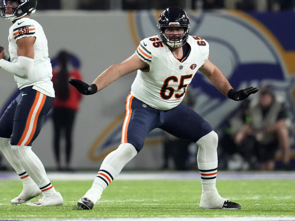 FILE - Chicago Bears' Cody Whitehair (65) prepares for action during the first half of an NFL football game against the Minnesota Vikings, Nov. 27, 2023, in Minneapolis. The Bears have waived former All-Pro safety Eddie Jackson and offensive lineman Whitehair. (AP Photo/Abbie Parr, File)