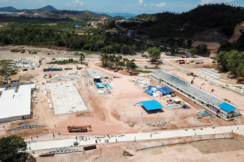 An aerial view of the works in progress of an emergency hospital at a Galang Island being built to treat patients with the coronavirus disease (COVID-19) in Batam
