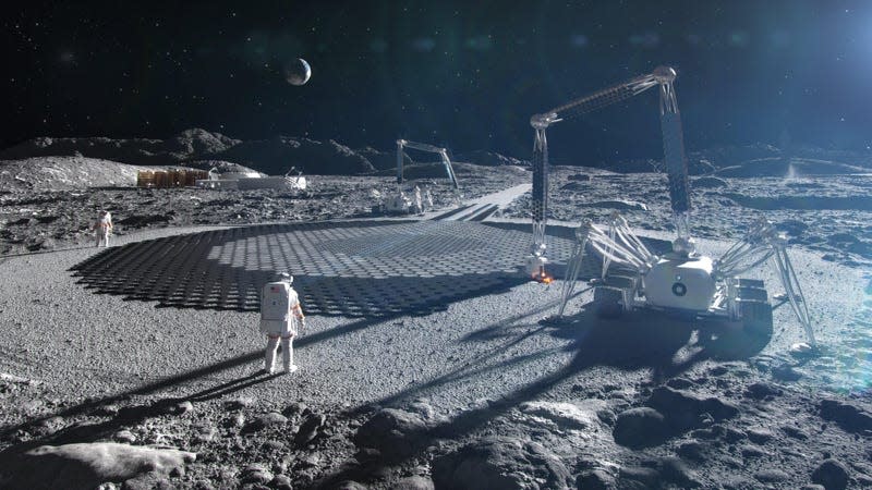 An illustration of the construction of a lunar outpost with astronauts on the surface of the Moon.