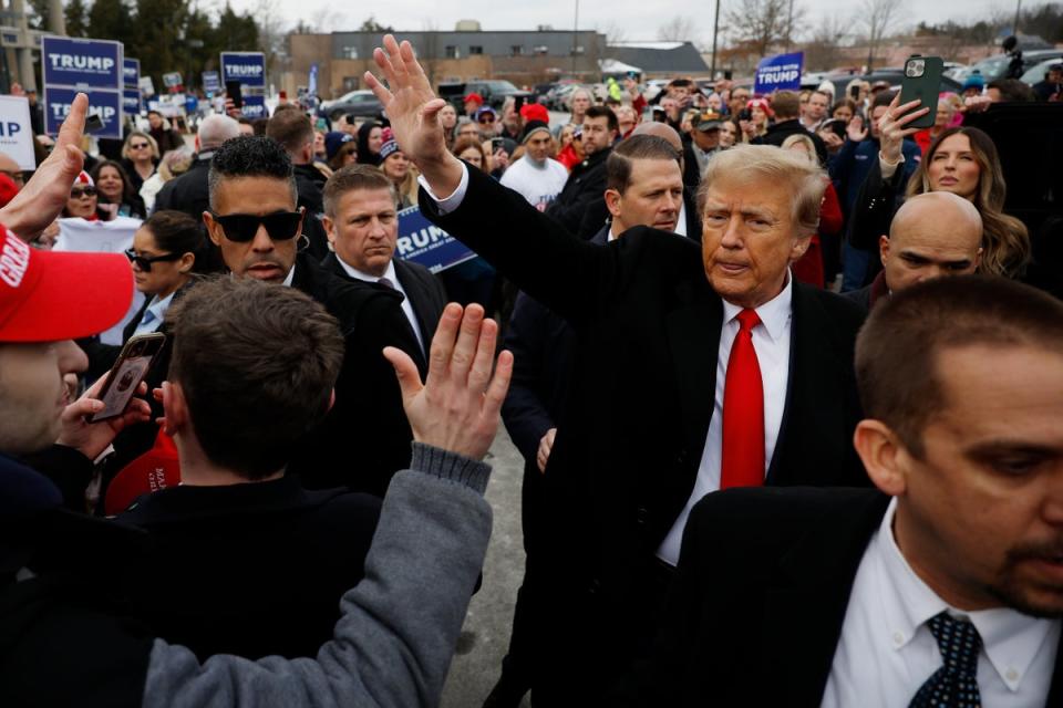 Republican presidential candidate, former U.S. President Donald Trump visits a polling site at Londonderry High School on primary day, on January 23, 2024 in Londonderry, New Hampshire. (Getty Images)