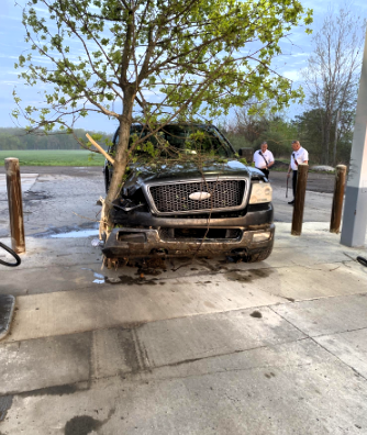 Sheriff’s Office says that the drunk driver continues driving with a tree stuck in front of the truck. (Photo: Ingham Co. Sheriff’s Office)