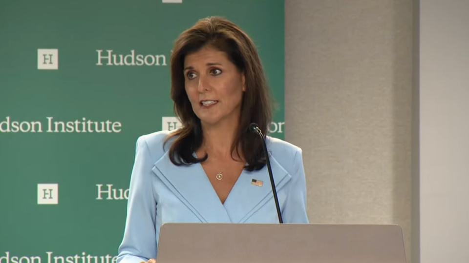 Nikki Haley speaks at the Hudson Institute in Washington DC on 22 May 2024, her first public remarks since leaving the presidential race (YouTube: Hudson Institute)