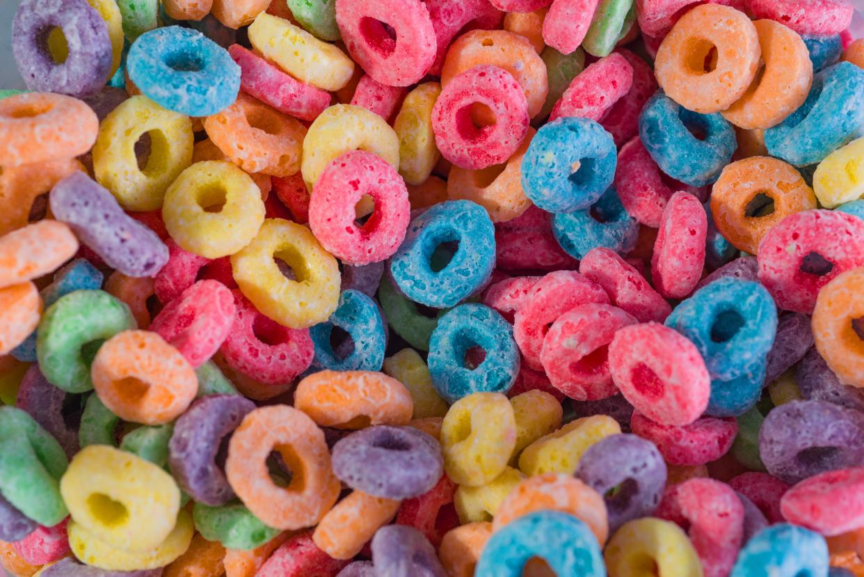 Food dyes, such as red dye No. 40, are found in Froot Loops.