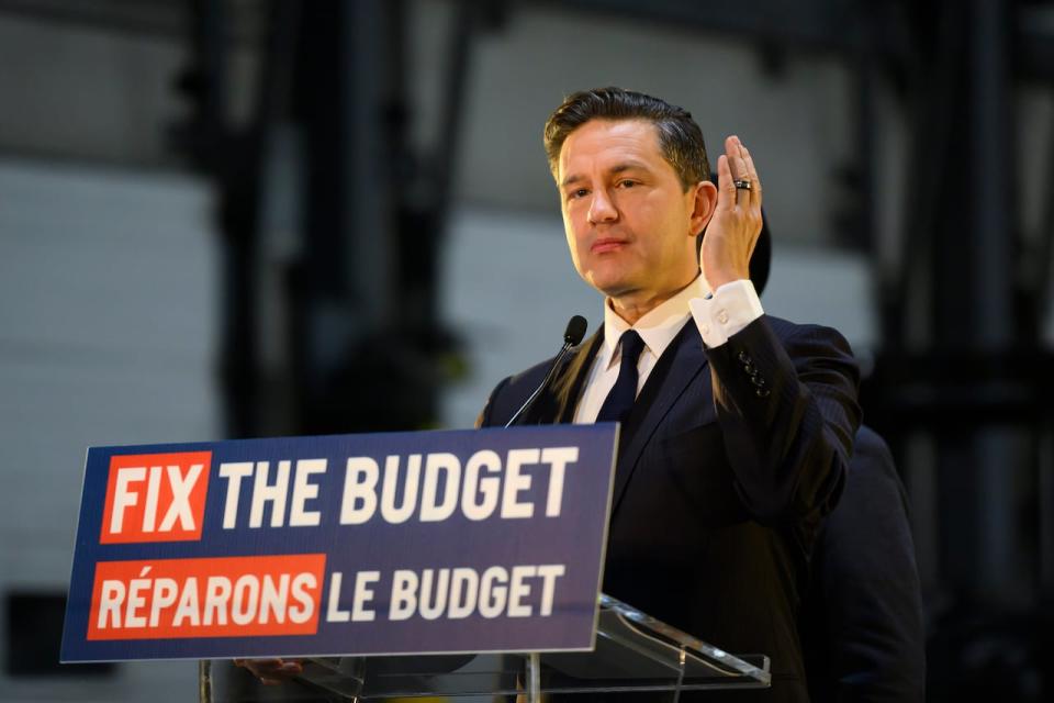 Conservative Party Leader Pierre Poilievre gives remarks during a press conference in Mississauga, Ont., Sunday, April 7, 2024.