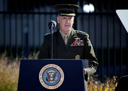 FILE PHOTO - Chairman of the Joint Chiefs of Staff Joseph Dunford speaks during ceremonies marking the 16th anniversary of the 9-11 attack at the Pentagon in Arlington, Virginia, U.S., September 11, 2017. REUTERS/Joshua Roberts