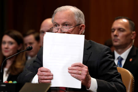 U.S. Attorney General Jeff Sessions testifies before a Senate Appropriations Commerce, Justice, Science, and Related Agencies Subcommittee hearing on the proposed budget estimates for the Justice Department, on Capitol Hill in Washington, U.S., April 25, 2018. REUTERS/Yuri Gripas