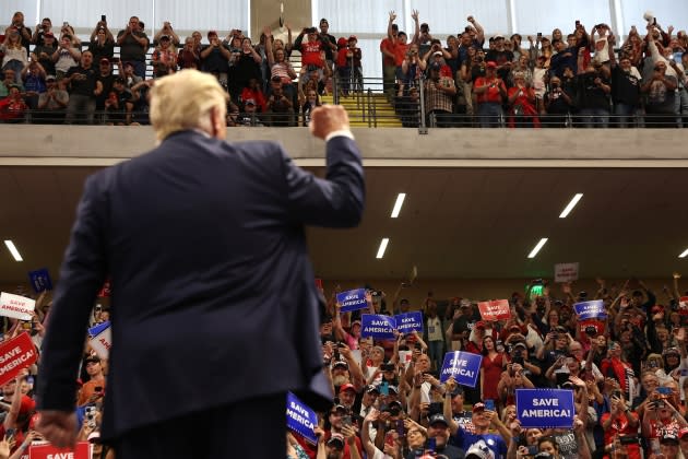 trumps-q-turn trumps-q-turn.jpg Former President Trump Campaigns With House Candidate Sarah Palin And Senate Candidate Kelly Tshibaka In Anchorage, Alaska - Credit: Justin Sullivan/Getty Images