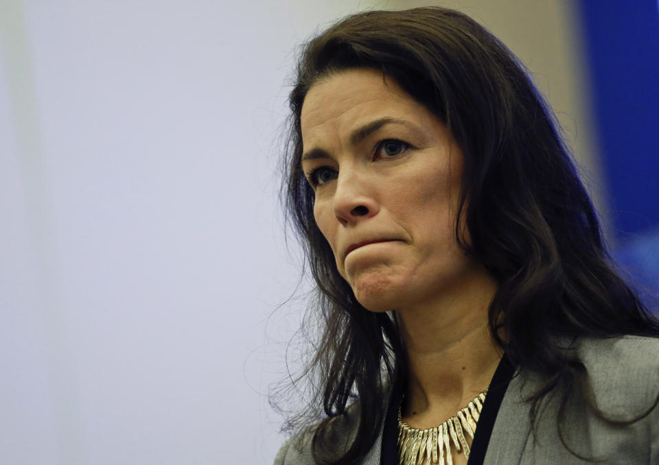 Former Olympic figure skater Nancy Kerrigan speaks after a screening of a new documentary about the 1994 attack on her which will air the day of the 2014 Winter Olympics closing ceremony, Friday, Feb. 21, 2014, in Sochi, Russia. Kerrigan has been reluctant to talk about rival Tonya Harding’s ex-husband hiring a hit squad to take her out before the 1994 Olympics in Lillehammer. She finally relented for a show that marks the 20-year anniversary of the incident, which thrust figure skating into the spotlight and spawned an international media frenzy. (AP Photo/David Goldman)