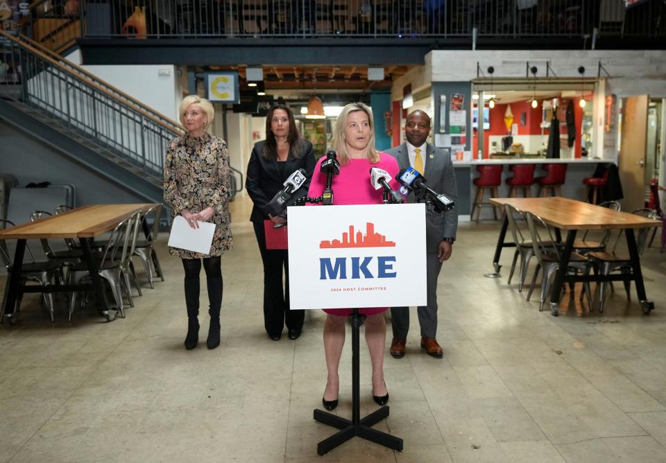 MKE 2024 Host Committee senior adviser and chief of staff Alison Prange speaks before, from left, CEO of VISIT Milwaukee Peggy Williams-Smith, Zizzo Marketing Group Founder and CEO Anne Zizzo, and  Milwaukee Mayor Cavalier Johnson as part of the MKE24 Host Committee Launch of Vendor Connection at Sherman Phoenix Marketplace in Milwaukee on Thursday, April 20, 2023. The MKE 2024 Host Committee, local leaders, and small business owners held a press conference to launch the Vendor Connection, a tool for connecting businesses to upcoming opportunities around the Republican National Convention in 2024.