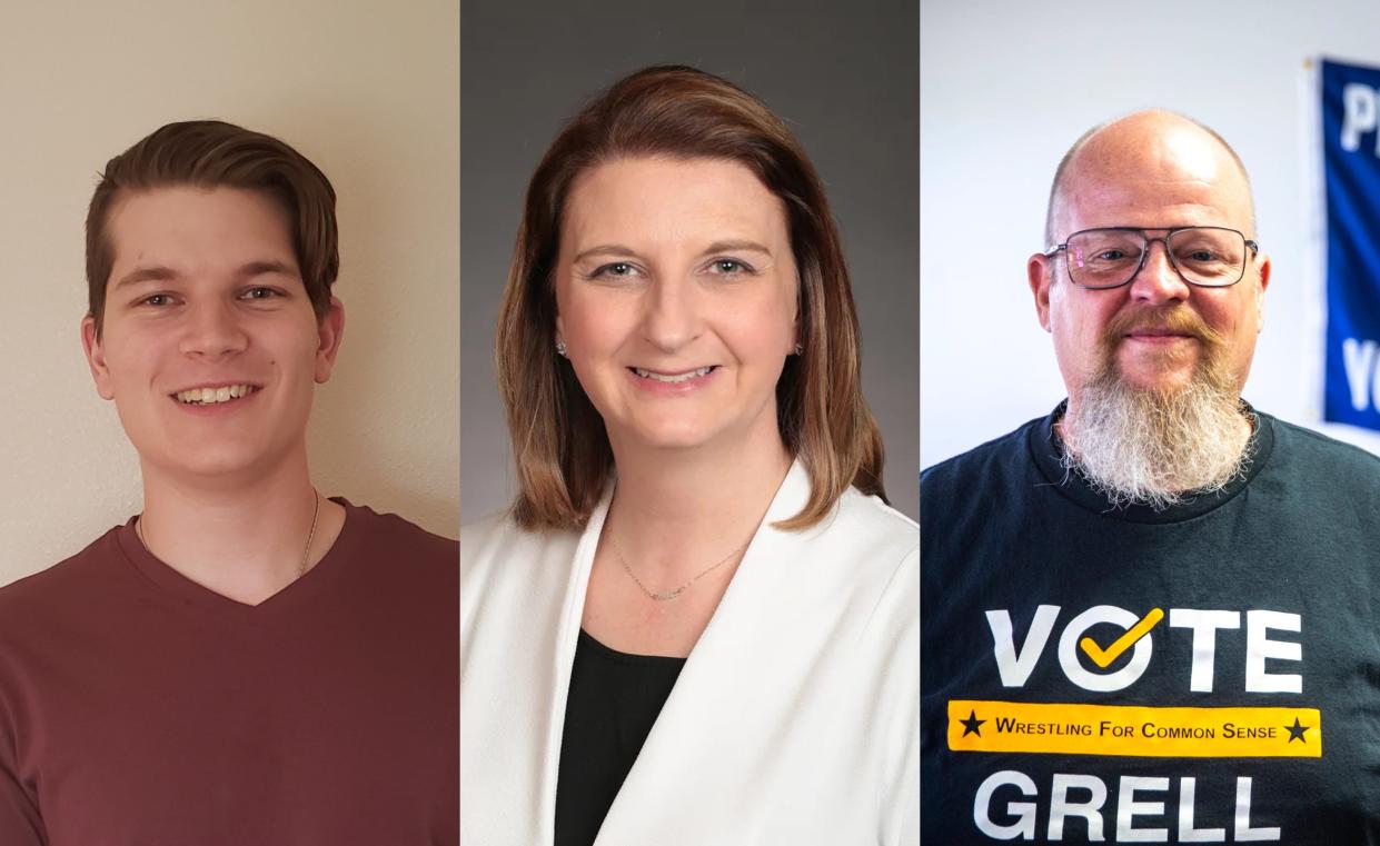 Libertarian Jacob Wenck (left), Democratic state Rep. Amy Nielsen (center) and Republican Wayne Grell (right) are running against each other to represent Iowa House District 85 in 2022.