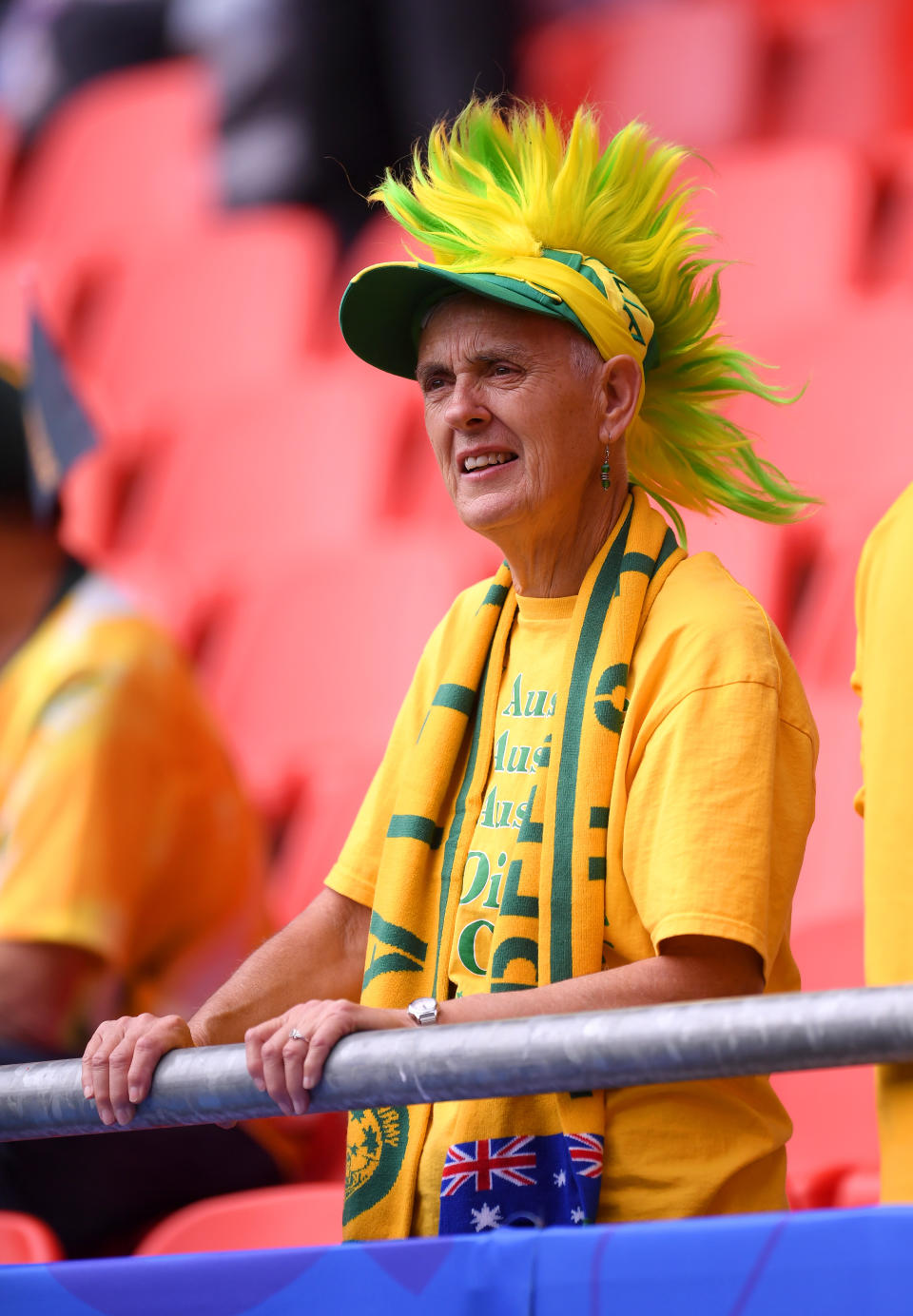 A Australia fan looks on prior to the 2019 FIFA Women's World Cup France group C match between Australia and Italy at Stade du Hainaut on June 09, 2019 in Valenciennes, France. (Photo by Alex Caparros - FIFA/FIFA via Getty Images)