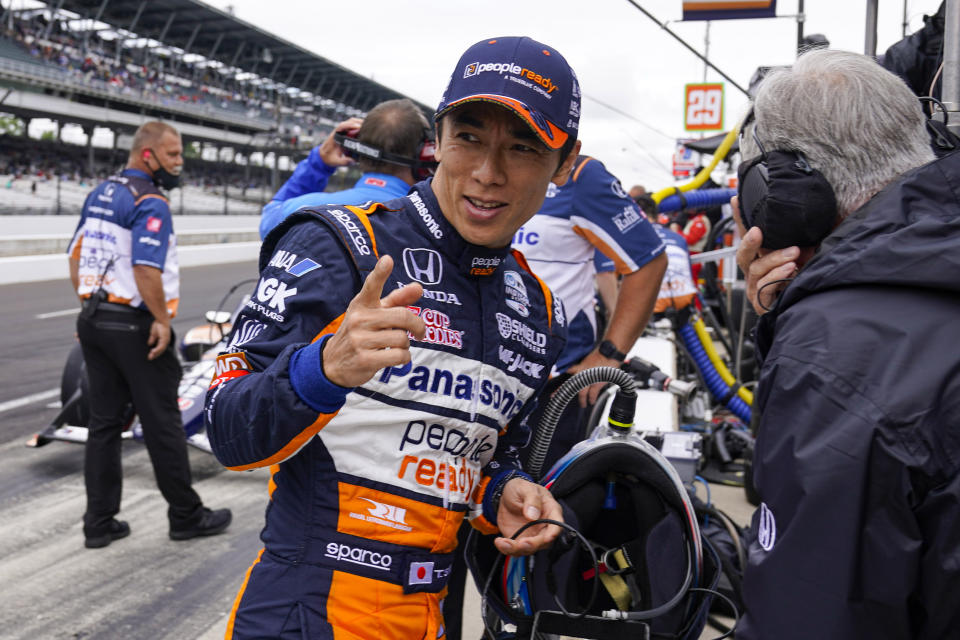 FILE - In this Friday, May 28, 2021 file photo, Takuma Sato, of Japan, prepares to drive during the final practice for the Indianapolis 500 auto race at Indianapolis Motor Speedway in Indianapolis. The future of two-time Indianapolis 500 winner Takuma Sato in the IndyCar Series was put in doubt Tuesday, Oct. 5, 2021 when Rahal Letterman Lanigan said the Japanese racer would not return to the team.(AP Photo/Michael Conroy, File)