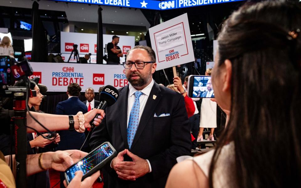 Jason Miller, senior advisor to the 2024 Trump campaign, speaks to media following the debate