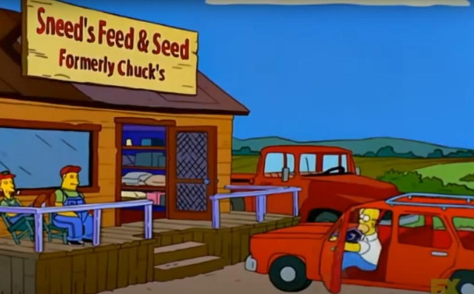 A sign for Sneed's Feed & Seed in The Simpsons
