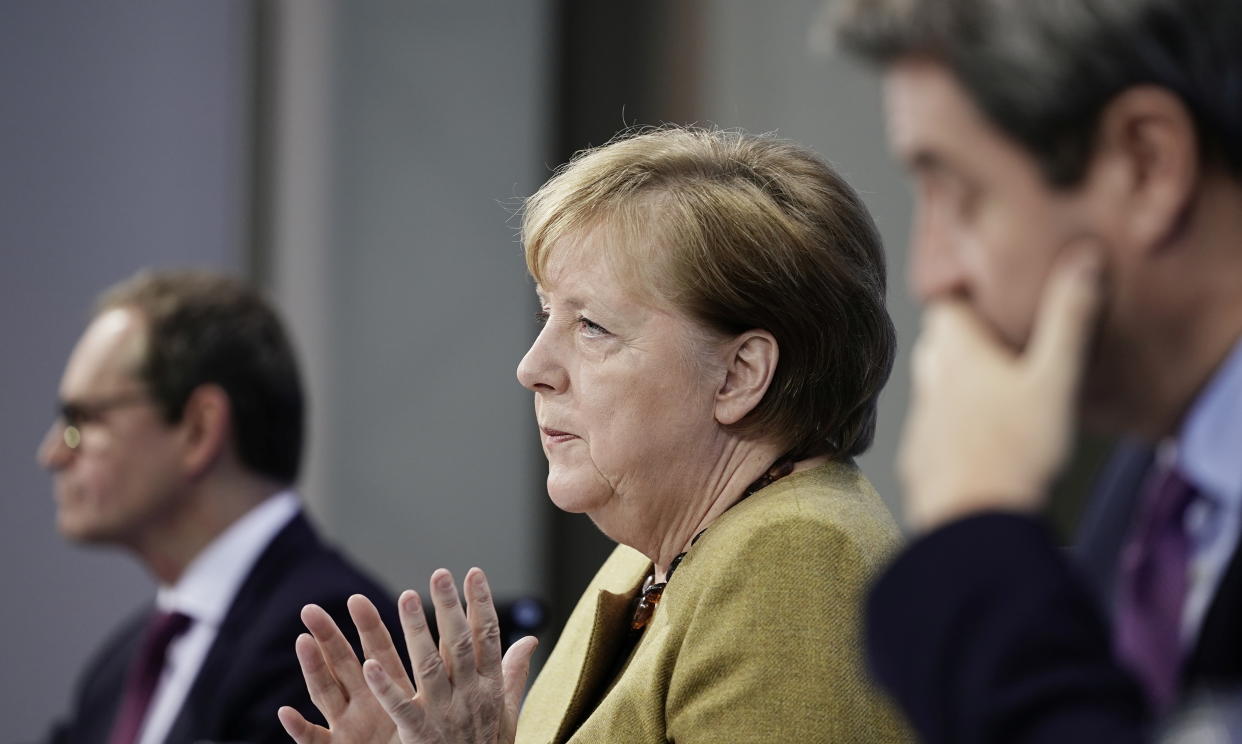 Merkel, Müller und Söder nach der Bund-Länder-Konferenz am 5. Januar (Bild: Michel Kappeler/Pool via REUTERS)