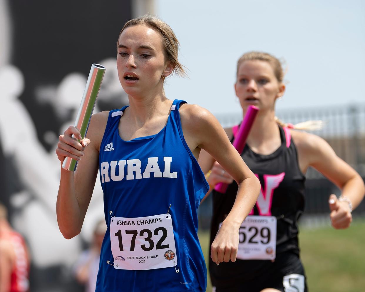 Washburn Rural Payton Fink competes in the 4x800 Saturday May. 27, 2023, during state track at Cessna Stadium in Wichita, Kan.