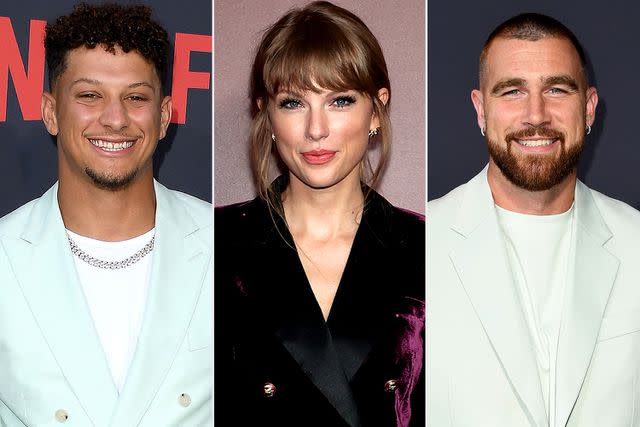 <p>Steve Granitz/FilmMagic; Dimitrios Kambouris/Getty Images; JC Olivera/Getty Images</p> Patrick Mahomes; Taylor Swift; Travis Kelce