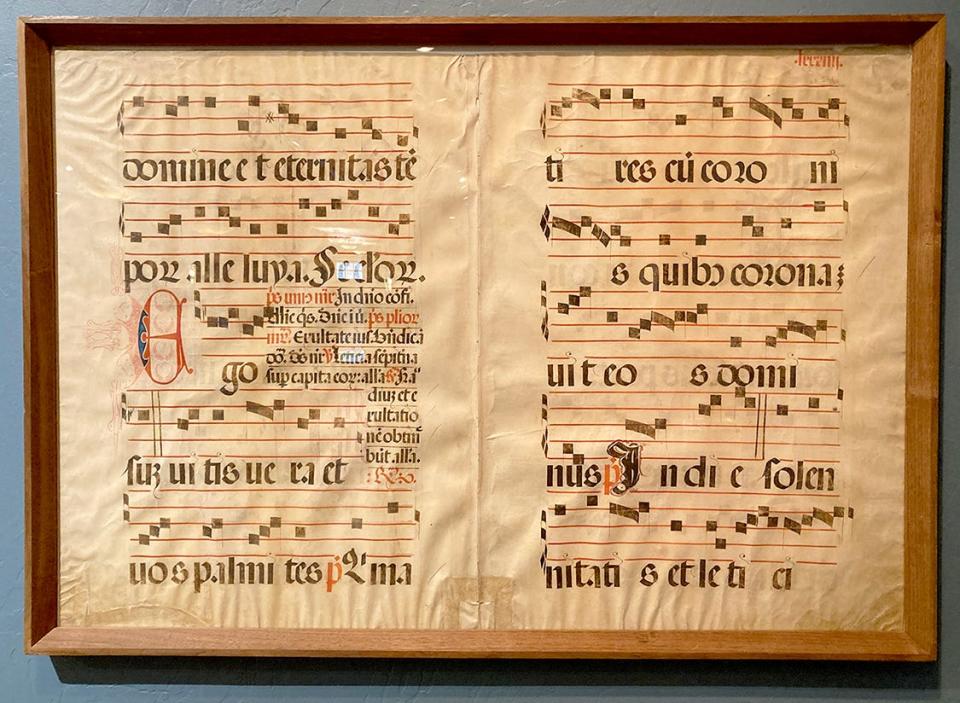 These two pages were part of a 125-pound choir book created between 1400 and 1450 in Spain. The double-page spread measures 44 by 31 inches. It is part of the “Painted Pages” exhibit at the Citadelle Art Museum in Canadian