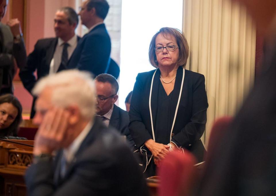 State Sen. Maria Elena Durazo, D-Los Angeles, listens as Assembly Bill 531 is discussed in Senate chambers Thursday at the state Capitol. The measure sailed through a floor vote after unions and hospitals struck several concessions.