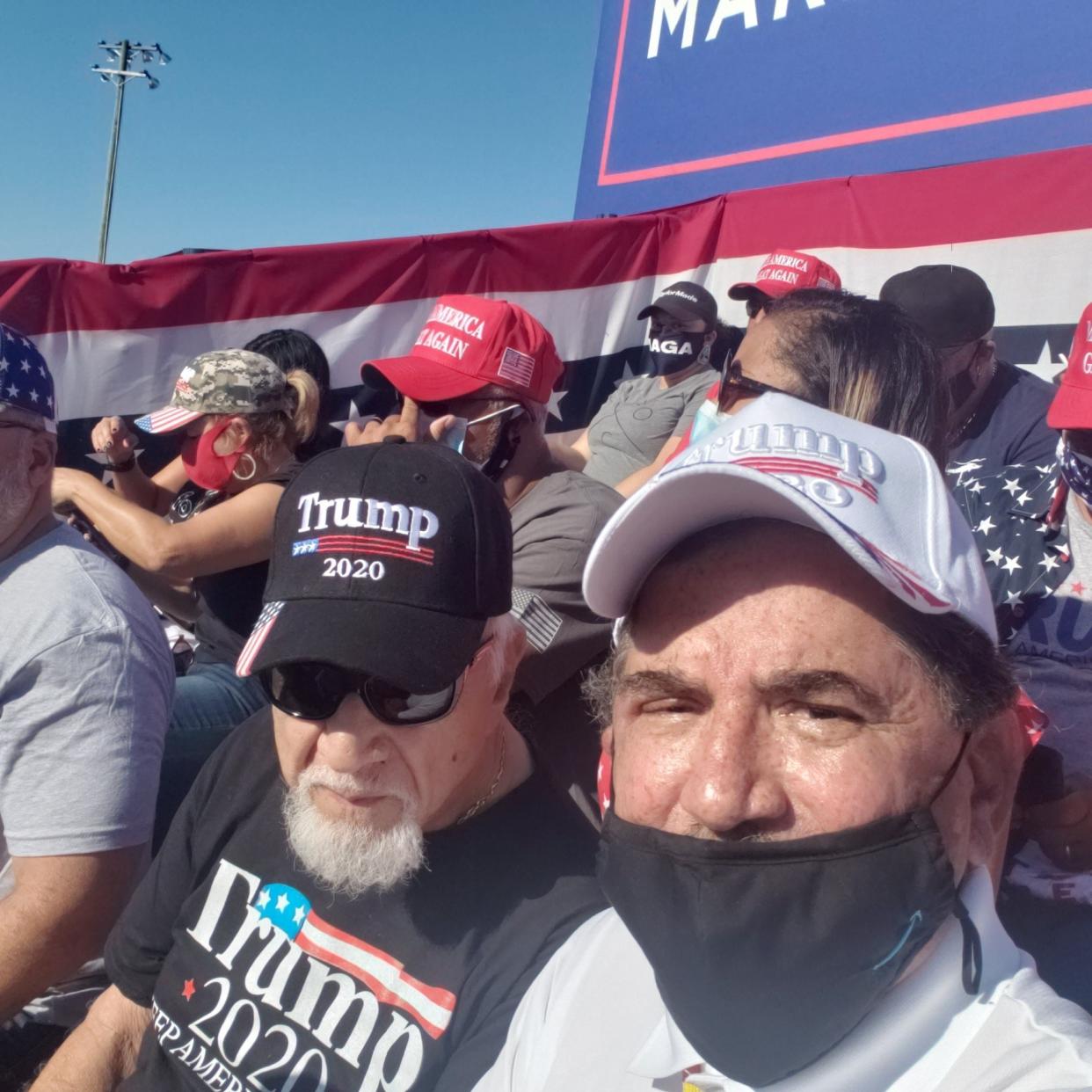 Dobbs Oxendine (left) and Gerald Goolsby, 65, at a Trump rally in Lumberton, NC in 2020.