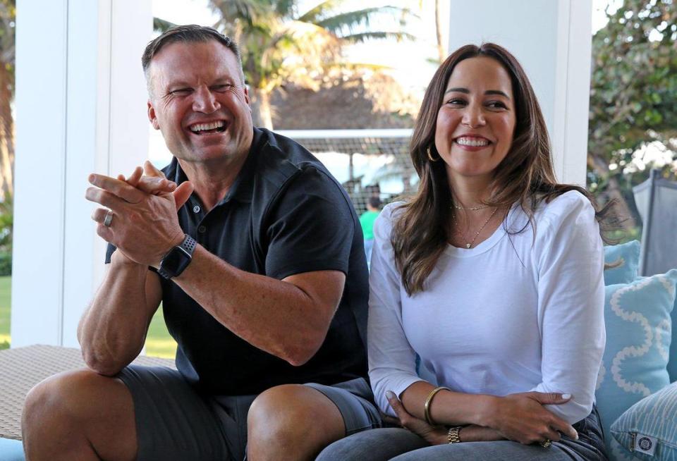 Former Miami Dolphins linebacker Zach Thomas and his wife Maritza in their Hillsborough Beach home in Florida, Tuesday, January, 21, 2020. Thomas will be considered to be inducted into the NFL Hall of Fame for 2020.