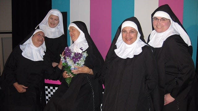 In the Barnstable Comedy Club's production of "Nunsense," The Little Sisters of Hoboken include, left to right, Mackenzie O’Sullivan as Sister Mary Leo, Ruthe Lew as Sister Robert Anne, Kathy Hamilton as Sister Mary Amnesia, Sonia Schonning as Sister Mary Hubert and Chris O’Sullivan as Reverend Mother Mary Regina.