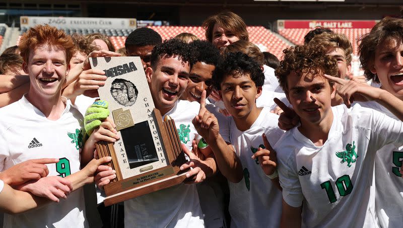 Rowland Hall celebrates their win over St. Joseph’s in the 2A boys state soccer championship at Rio Tinto Stadium in Sandy, Utah, on Wednesday, May 11, 2022. Rowland Hall won 2-0.