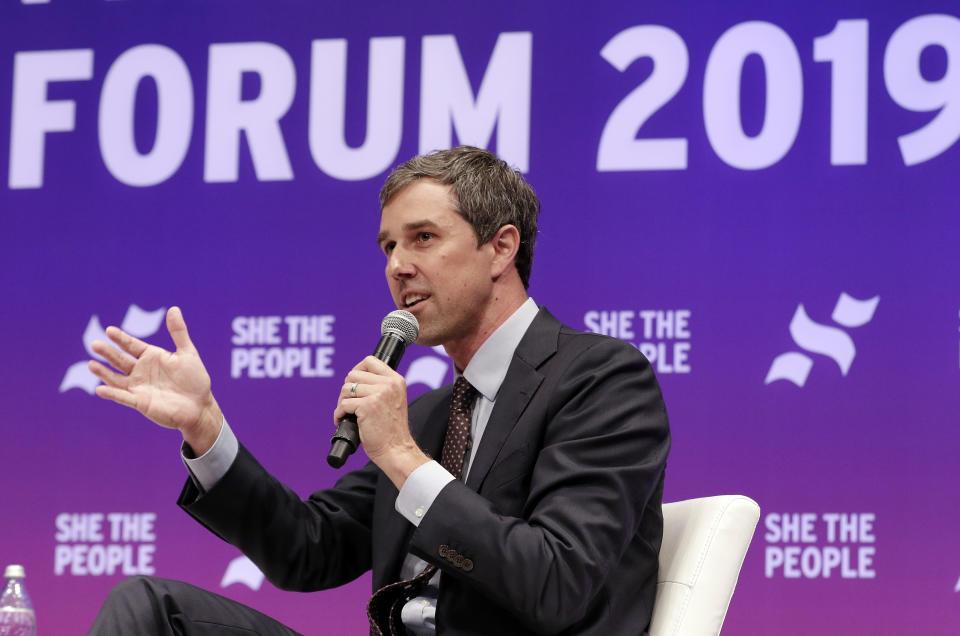 Former congressman and Democratic presidential candidate Beto O'Rourke answers questions during a presidential forum held by She The People on the Texas State University campus Wednesday, April 24, 2019, in Houston. (AP Photo/Michael Wyke)