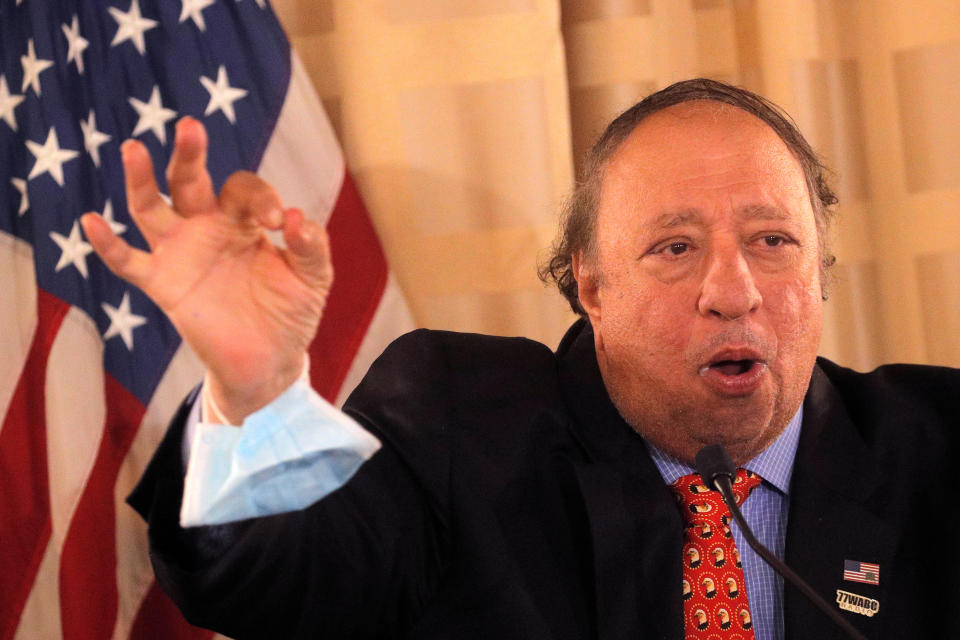 Businessman John Catsimatidis speaks during a news conference to promote Republican Party candidates in New York City, U.S., September 16, 2020. REUTERS/Brendan McDermid