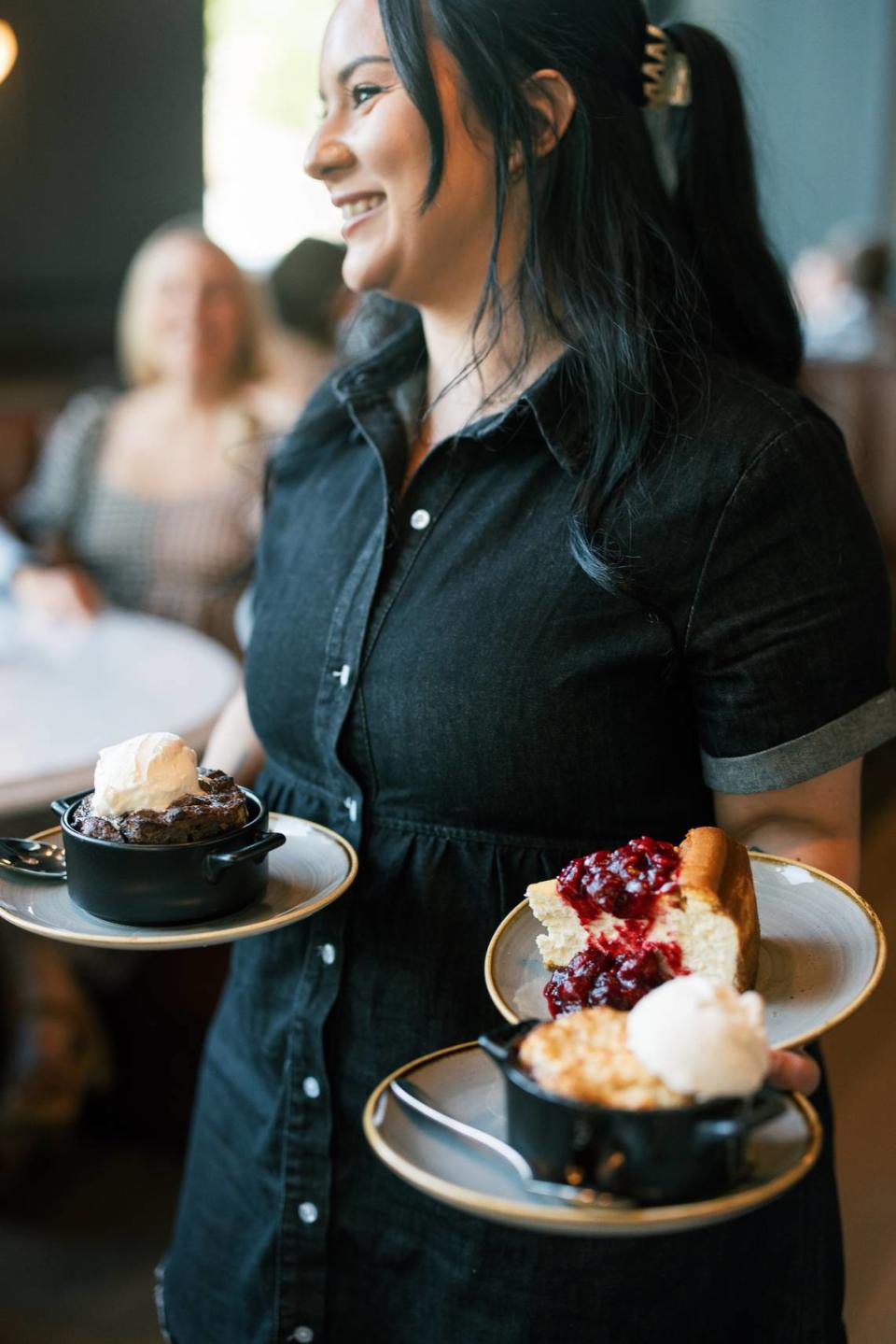 Desserts, all $12, include decadent Chocolate Bread Pudding with creme fraiche whipped cream, Classic Cheesecake with a seasonal fruit compote, and a fruit-filled Warm Cobbler topped with sourdough biscuit and vanilla ice cream.