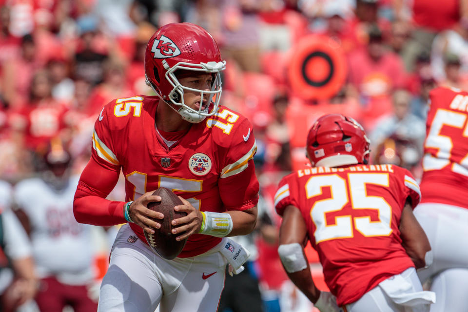 KANSAS CITY, MO - AUGUST 20: Kansas City Chiefs quarterback Patrick Mahomes (15) scrambles during the game against the Washington Commanders on August 20th, 2022 at GEHA field Arrowhead Stadium in Kansas City, Missouri. (Photo by William Purnell/Icon Sportswire via Getty Images)