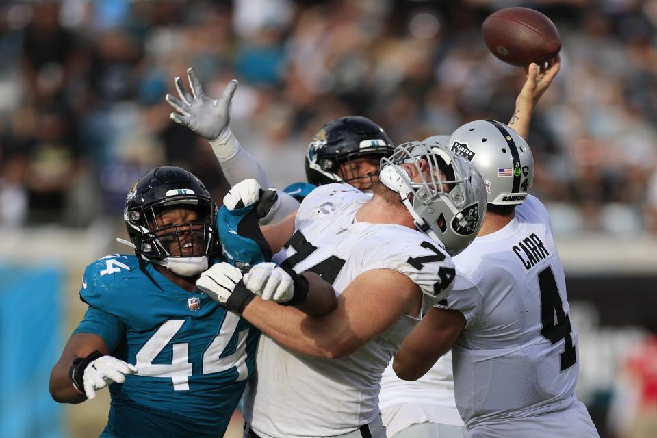 Jacksonville Jaguars linebacker Travon Walker (44) defends against Las Vegas Raiders offensive tackle Kolton Miller (74) as Raiders quarterback Derek Carr (4) passes the ball during the fourth quarter of a regular season NFL football matchup Sunday, Nov. 6, 2022 at TIAA Bank Field in Jacksonville. The Jacksonville Jaguars held off the Las Vegas Raiders 27-20. [Corey Perrine/Florida Times-Union]