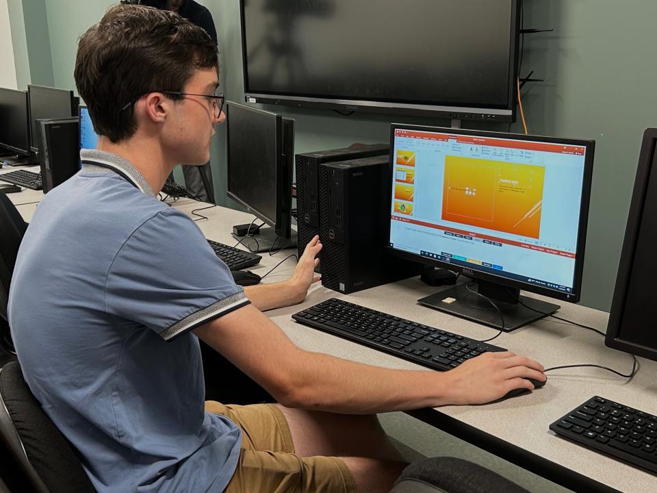 Samuel Latham, Microsoft Office state champion, takes a practice test in his classroom at Madison Academic High School in Jackson, Tenn. on June 20, 2023.