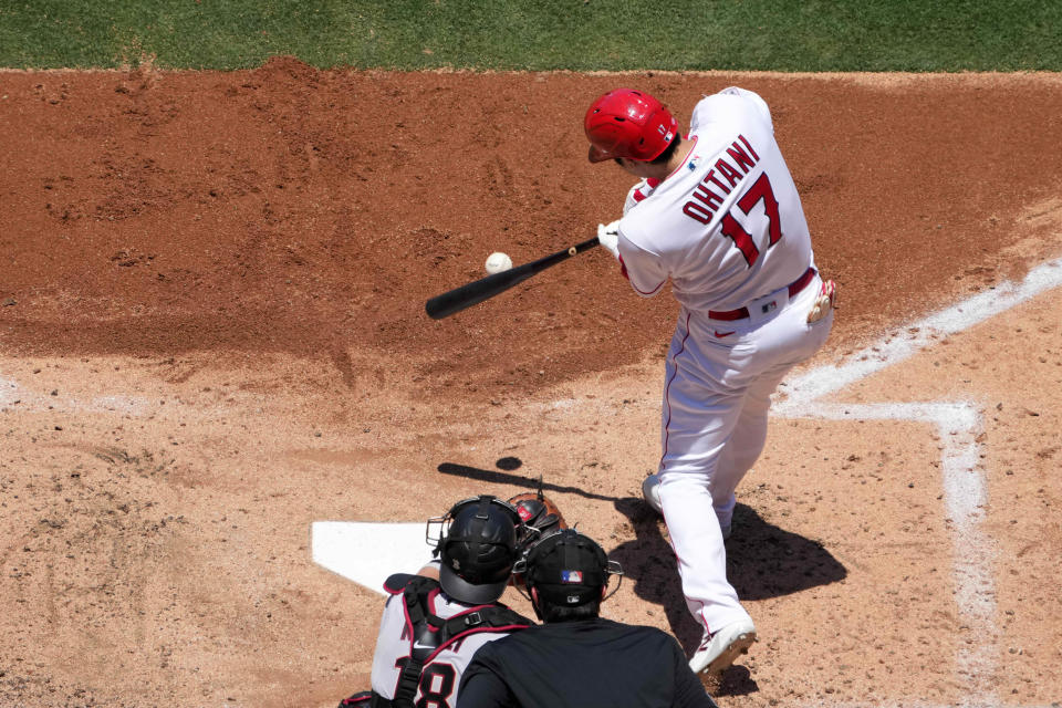 Los Angeles Angels starting pitcher Shohei Ohtani (17) bats in the third inning against the Arizona Diamondbacks at Angel Stadium in Anaheim, California on July 2, 2023.