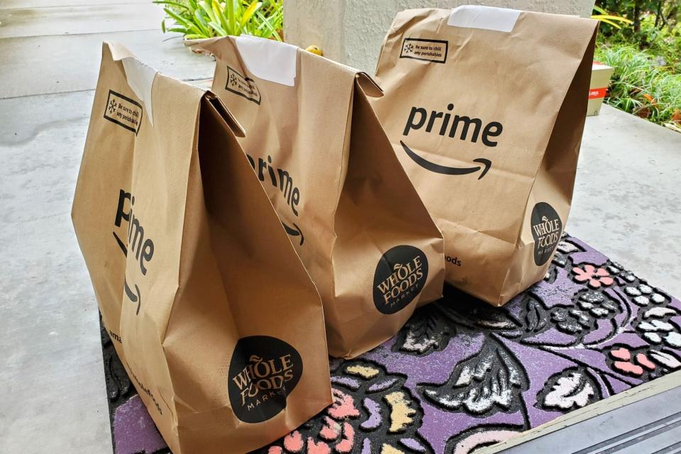 Amazon Prime delivery bags with Whole Foods groceries