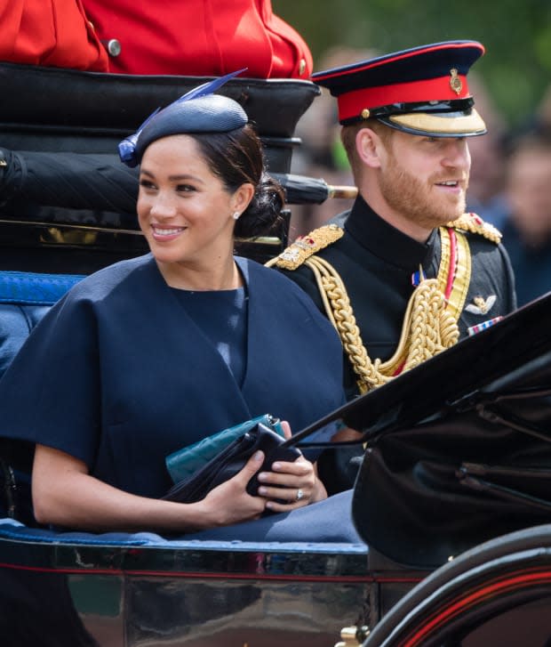 Prince Harry, Duke of Sussex and Meghan, Duchess of Sussex, in custom Givenchy attend the Trooping the Colour, the Queen's annual birthday parade, in London. Photo: Samir Hussein/WireImage