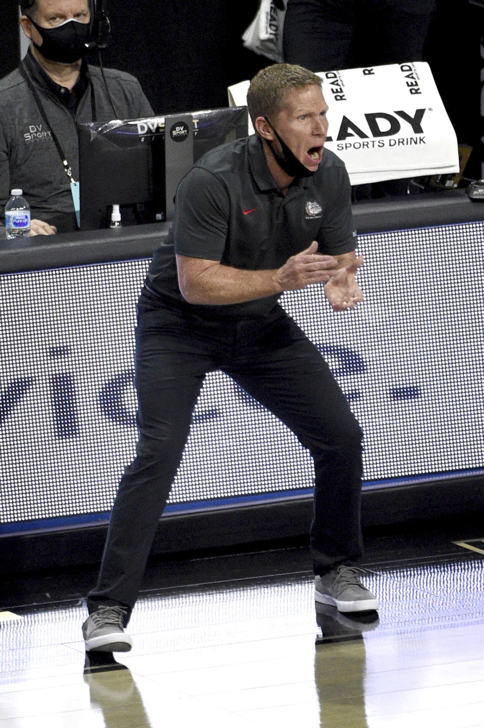 Gonzaga head coach Mark Few calls to his team during the first half of an NCAA semifinal college basketball game against Saint Mary's at the West Coast Conference tournament Monday, March 8, 2021, in Las Vegas. (AP Photo/David Becker)